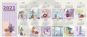 2021 Calendar grid mounthly Still life abstract contemorary minimalism. Collection Vase flora intreior abstract elements