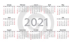 2021 Calendar. Vector illustration. Template year planner