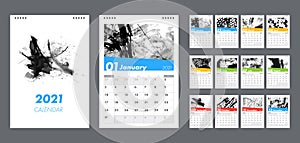 2021 calendar vector template. Abstract ink painting