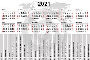 2021 calendar with world map and time zones