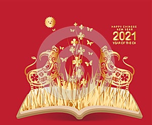 2021 Chinese New Year vector illustration with flowers, butterflies and book, Chinese typography Happy New Year, ox. Gold on red.