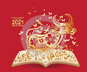 2021 Chinese New Year vector illustration with flowers and butterflies, Chinese typography Happy New Year, ox. Gold on red.