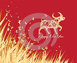 2021 Chinese New Year vector illustration with flowers and butterflies, Chinese typography Happy New Year, ox. Gold on red.