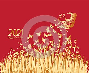 2021 Chinese New Year vector illustration with flowers and butterflies, Chinese typography Happy New Year, ox. Gold on red.