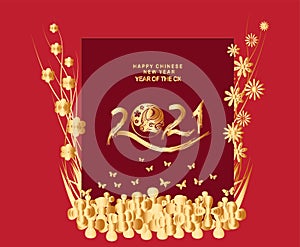 2021 Chinese New Year vector illustration with flowers, butterflies, Chinese typography Happy New Year, ox. Gold on red. Concept