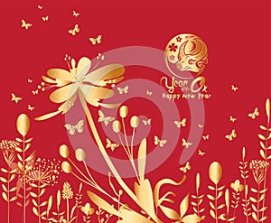 2021 Chinese New Year vector illustration with flowers, Chinese typography Happy New Year, ox. Gold on red. Concept holiday card,