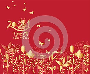 2021 Chinese New Year vector illustration with flowers, Chinese typography Happy New Year, ox. Gold on red. Concept holiday card,