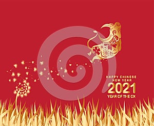 2021 Chinese New Year vector illustration with gold dandelion flowers, Chinese typography Happy New Year, ox. Gold on red. Concept