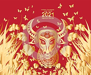 2021 Chinese New Year vector illustration with gold flowers, butterflies, Chinese typography Happy New Year, ox. Gold on red.