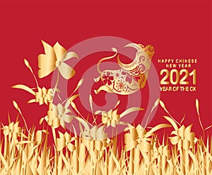 2021 Chinese New Year vector illustration with gold flowers, Chinese typography Happy New Year, ox. Gold on red. Concept holiday