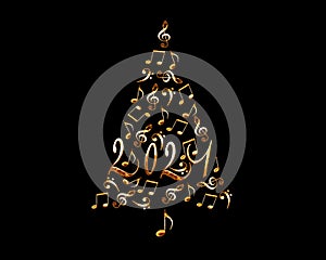 2021 christmas tree with golden metal musical notes isolated on black background, music new year card