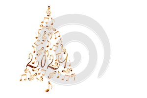 2021 christmas tree with golden metal musical notes isolated on white background music new year greeting card