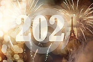 2021 with Eiffel tower New Year background and fireworks