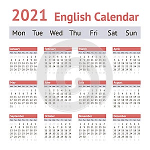 2021 European English Calendar. Weeks start on Monday