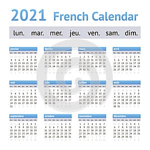 2021 French European Calendar. Weeks start on Monday