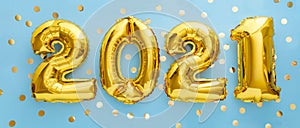 2021 golden balloon text on blue background with confetti. Happy New year eve invitation with Christmas gold foil balloons 2021.