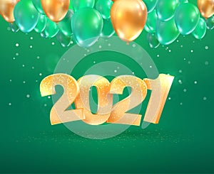 2021 golden number Happy New Year celebration on green background with balloons. Merry Christmas celebrate vector