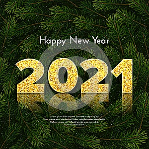 2021 golden numbers with reflection and shadow on snow fir tree branches background. Holiday gift card Happy New Year
