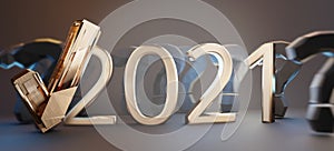 2021 golden thin text letters with question marks and tick check symbol 3d-illustration