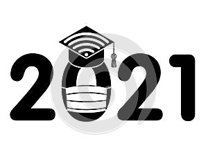 2021 Graduate cap with Wi-Fi badge, face mask are symbols of quarantined distance learning graduates due to the quarantine associa