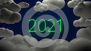 2021 green neon sign background new year concept. Dark blue background. Happy New Year. White minimalistic clouds around. 3d