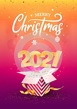 2021 Happy New Year A4 card vector illustration. Xmas celebrate on purple background. Merry Christmas celebration