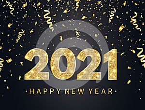 2021 Happy New Year background with gold confetti, glitter, sparkles and stars. Holiday banner with bright golden text