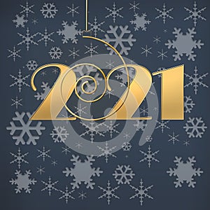 2021 happy new year background with golden ball and snowflakes