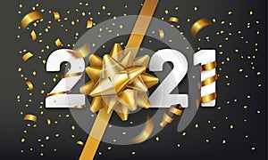 2021 Happy New Year background with golden gift bow and confetti. Christmas celebrate design