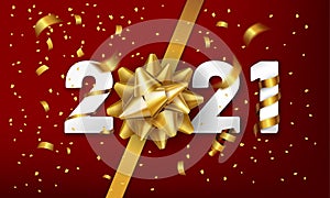 2021 Happy New Year background with golden gift bow and confetti. Christmas celebrate design