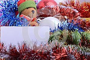2021 Happy New Year and Christmas card with Teddy Bear, Balls and Gifts. New year and Christmas invitation background