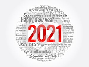 2021 Happy New Year in different languages, celebration card