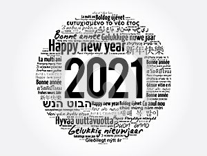 2021 Happy New Year in different languages, celebration card