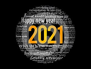 2021 Happy New Year in different languages, celebration card