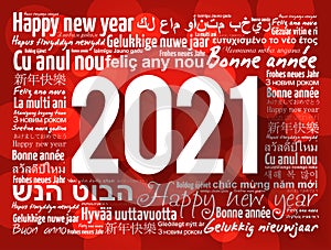 2021 Happy New Year in different languages, celebration word cloud