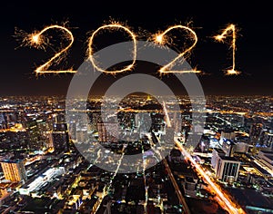 2021 happy new year fireworks over Bangkok cityscape at night, Thailand