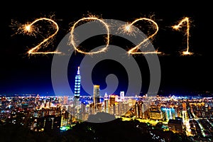 2021 Happy New Year fireworks over Taipei cityscape at night, Taiwan