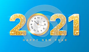 2021 Happy New Year. Golden Numbers with sequins and wall clock. Background, banner, flyer, Christmas card. Holiday vector illustr