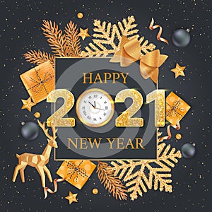 2021 Happy New Year. Golden Numbers with sequins and wall clock. Greeting Background. Xmas card with golden snowflakes with confet