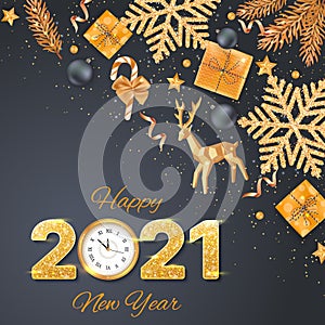 2021 Happy New Year. Golden Numbers with sequins and wall clock. Greeting Background. Xmas card with golden snowflakes with confet