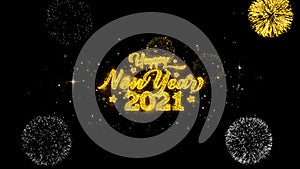 2021 Happy New Year Golden Text Blinking Particles with Golden Fireworks Display