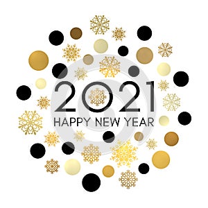 2021 Happy New Year greeting card design. Black celebration text in frame of gold circles snowflakes. Golden decoration.