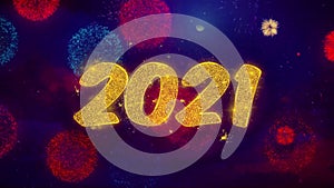 2021 happy new year greeting text sparkle particles on colored fireworks