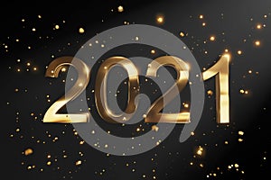 2021 Happy New Year. Holiday 3d sign illustration of gold metallic numbers 2021. Festive poster or banner design