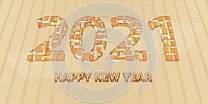 2021 Happy new year for holiday modern design with 3d geometric text  elements in bright style. Christmas techno party concept