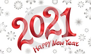 2021 happy New year in red gits isolated against white snowflakes background. vector illustration