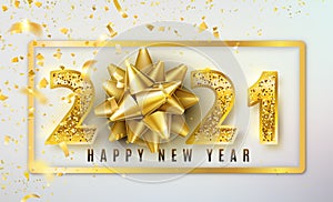 2021 Happy New Year vector background with golden gift bow, confetti, shiny glitter gold numbers and border. Christmas