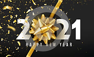 2021 Happy New Year vector background with golden gift bow, confetti, white numbers on black backdrop. Christmas