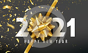 2021 Happy New Year vector background with golden gift bow, confetti, white numbers. Christmas celebrate design. Festive