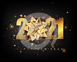 2021 Happy New Year vector background with golden gift bow, confetti, white numbers. Winter holiday greeting card design